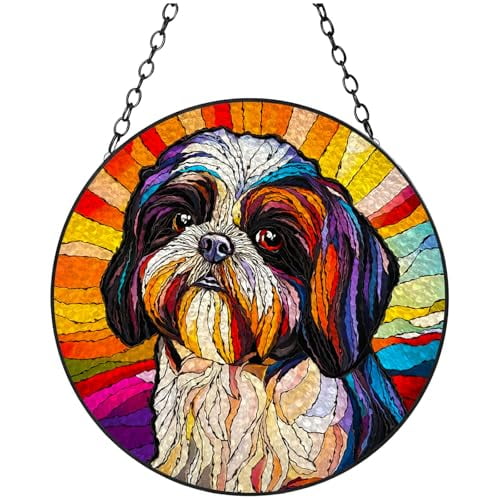 Stained Glass Suncatcher Shih Tzu Portrait and Sunset Handmade Window Hangings Colored Glass Suncatcher Crafts Kits for Indoor Garden Christmas Decoration 16x16cm-1