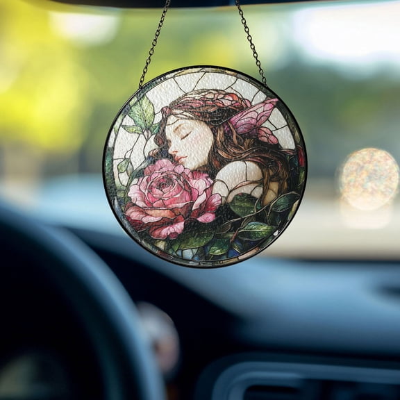 Stained Glass Suncatcher, Sleeping Fairy with Rose Window Hanging, Magical Fantasy Decor, Romantic Ornament, Unique Gift for Home & Car