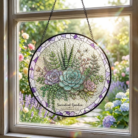 Stained Glass Suncatcher Succulent Botanical Circle Window Hanging for Plant Lovers