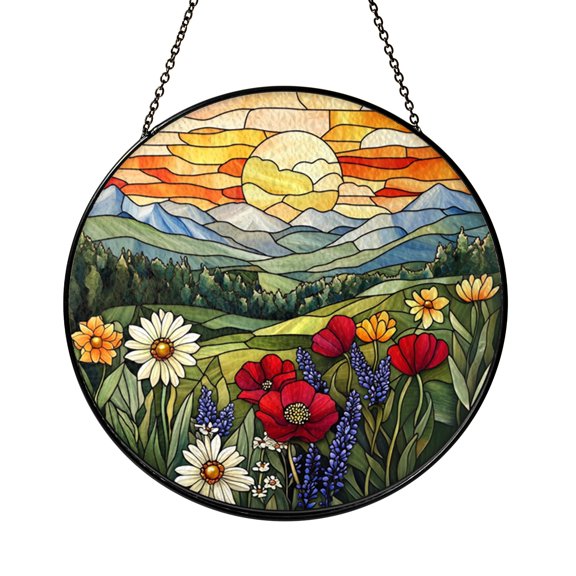 Stained Glass Suncatcher Sunset Valley Scene with Mountains and Bright Meadow Flowers, Nature Inspired Window Decor, Colorful Scenic Artwork for Home
