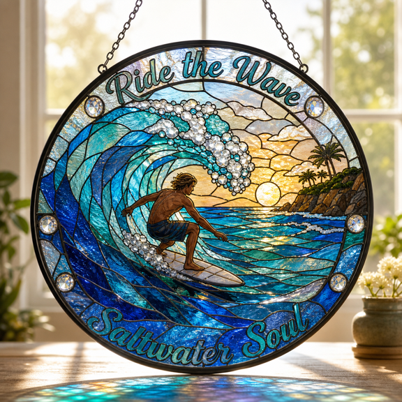 Stained Glass Suncatcher Surfer Wave Glass Window Hanging for Beach Lovers