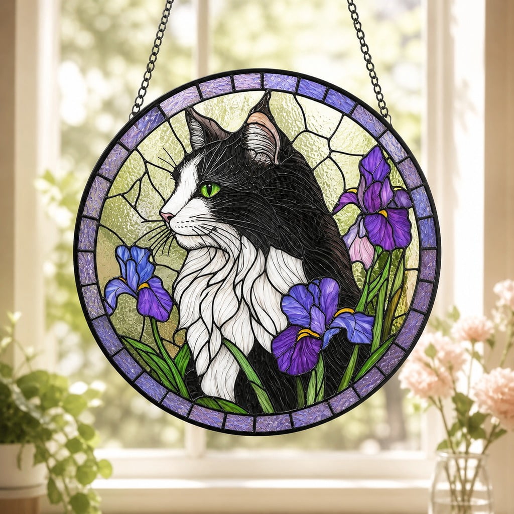 Stained Glass Suncatcher Tuxedo Cat Iris Window Hanging - Walmart.com