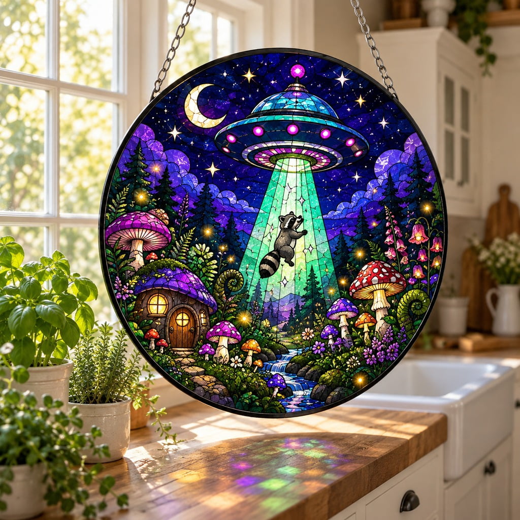 Stained Glass Suncatcher UFO Mushroom Forest Window Hanging for Space ...