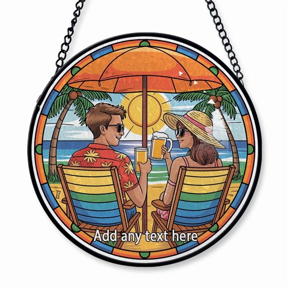 Stained Glass Suncatcher Window Hanging  Christmas 2025 Custom Text, Romantic Personalized Window Hanging for Lovers, Marriage Celebration or Valentines Day Gift, Beach and Tree Theme