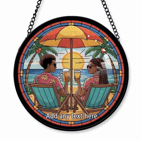 Stained Glass Suncatcher Window Hanging  Christmas 2025 Custom Text, Romantic Personalized Window Hanging for Lovers, Marriage Celebration or Valentines Day Gift, Beach and Tree Theme