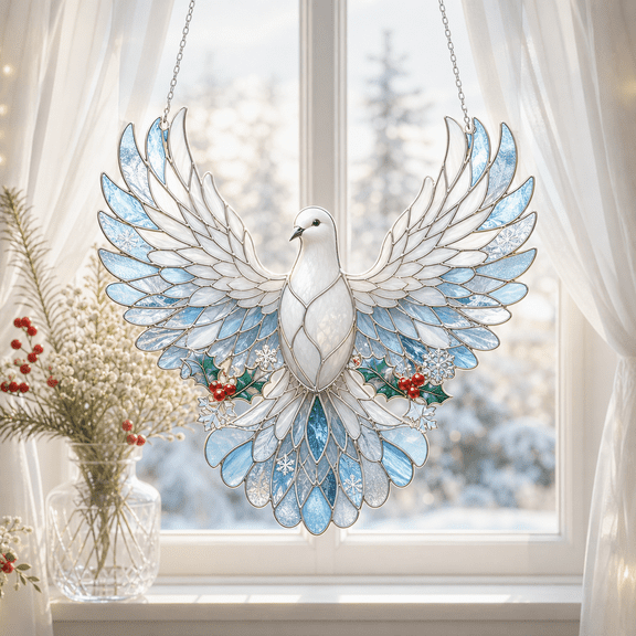 Stained Glass Suncatcher Window Hanging Christmas Dove Holiday Gift Decor