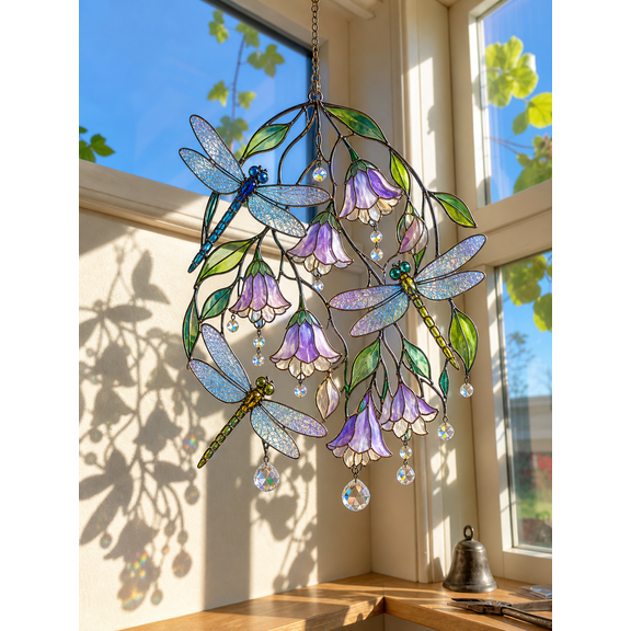 Stained Glass Suncatcher Window Hanging Dragonfly Flower Sun Catcher Gift