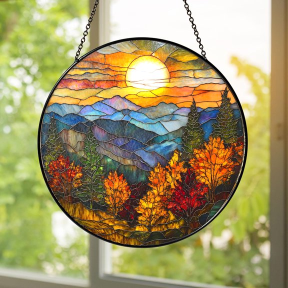 Stained Glass Suncatcher Window Hanging Fall Mountain Round Panel Rustic Forest Home Decoration Nature Lover Housewarming Gift