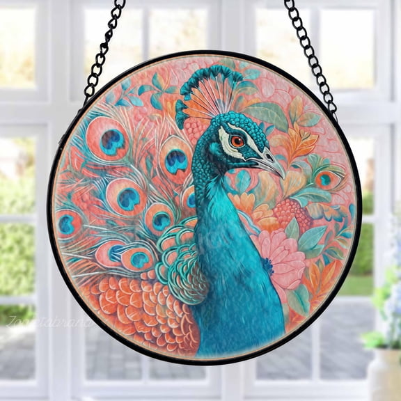 Peacock Stained Glass Suncatcher Metal Outdoor Decor Tropical Art Vibrant Blue Orange