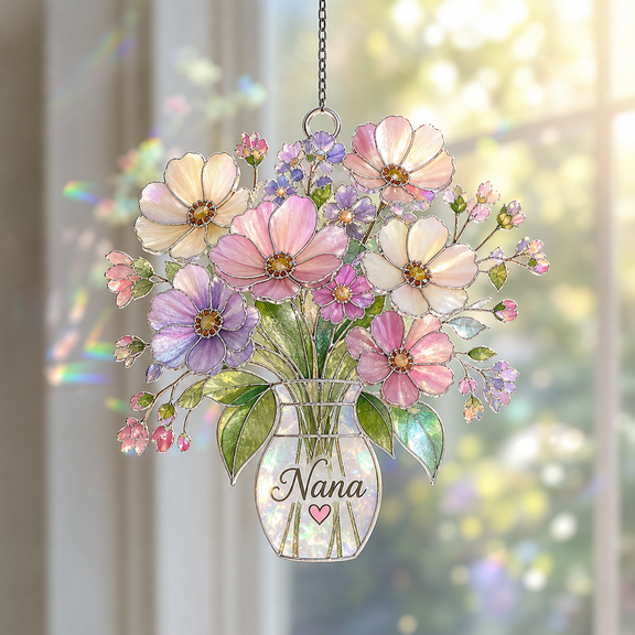 Stained Glass Suncatcher Window Hanging Nana Flower Bouquet Gift for Grandmother
