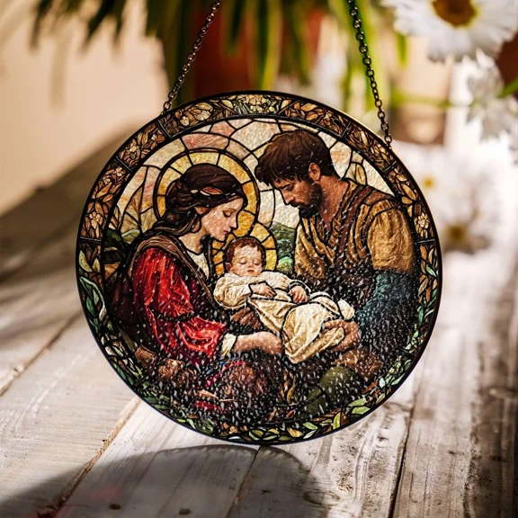 Stained Glass Suncatcher Window Hanging Nativity Scene Christmas Christian Art