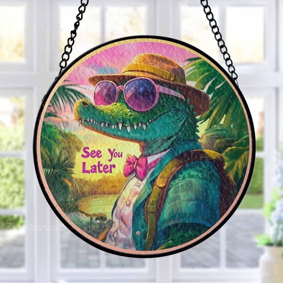 Alligator Stained Glass Suncatcher Metal Outdoor Decor Tropical Vacation Vibrant Green Pink