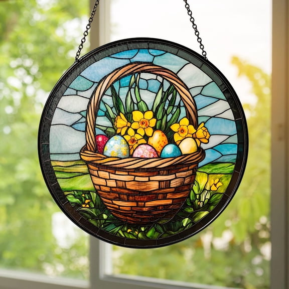 Stained Glass Suncatcher Window Hanging Spring Holiday Easter Basket Colorful Eggs Flowers Home Decor Gift Handmade