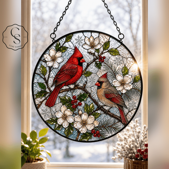 Stained Glass Suncatcher Winter Cardinals Glass Window Hanging for Bird Lover Gifts
