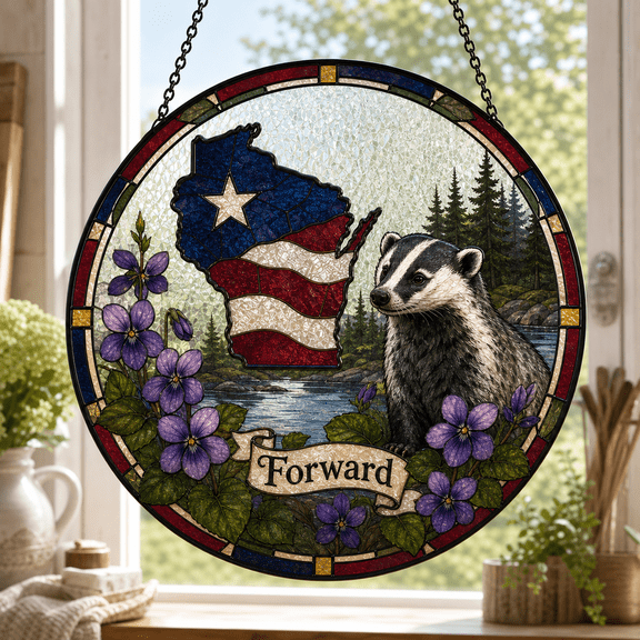 Stained Glass Suncatcher Wisconsin Map Badger Forward Window Hanging Gift