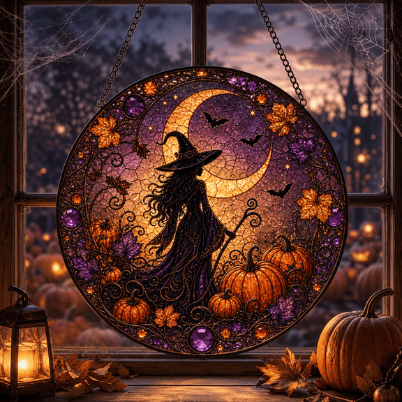 Stained Glass Suncatcher Witch Moon and Pumpkin Patch Window Hanging for Halloween Decor
