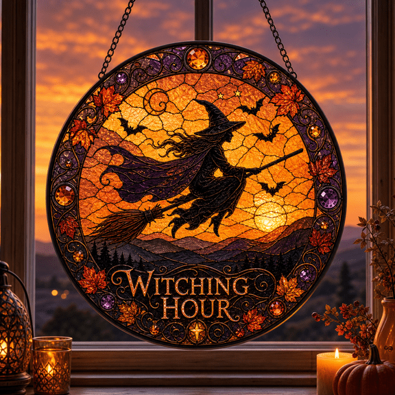 Stained Glass Suncatcher Witch and Bats Window Hanging for Halloween Gothic Decor