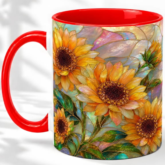 Stained Glass Sunflower Accent Mug, 11oz Ceramic Coffee Cup for Garden Fans