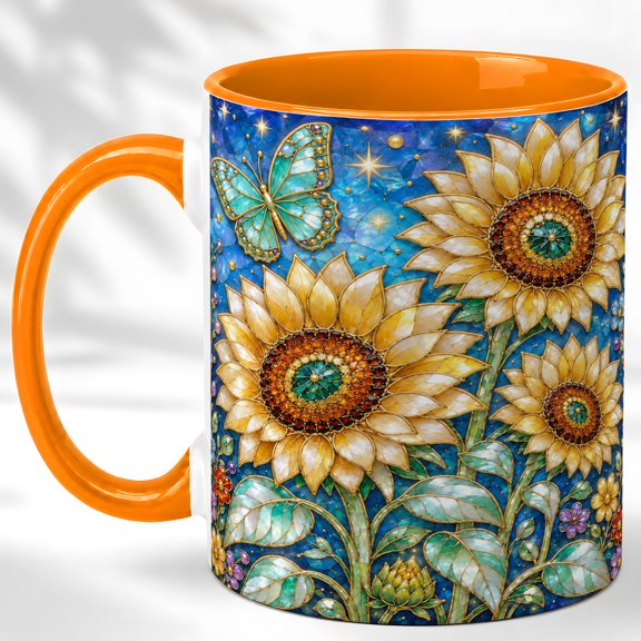 Stained Glass Sunflower Coffee Mug, Butterfly Floral Mug, Ceramic 11 oz