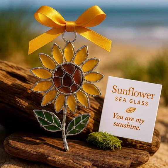 Stained Glass Sunflower Ornament with Sea Glass, "You Are My Sunshine" Suncatcher, Handmade Hanging Decor with Ribbon for Home & Gift