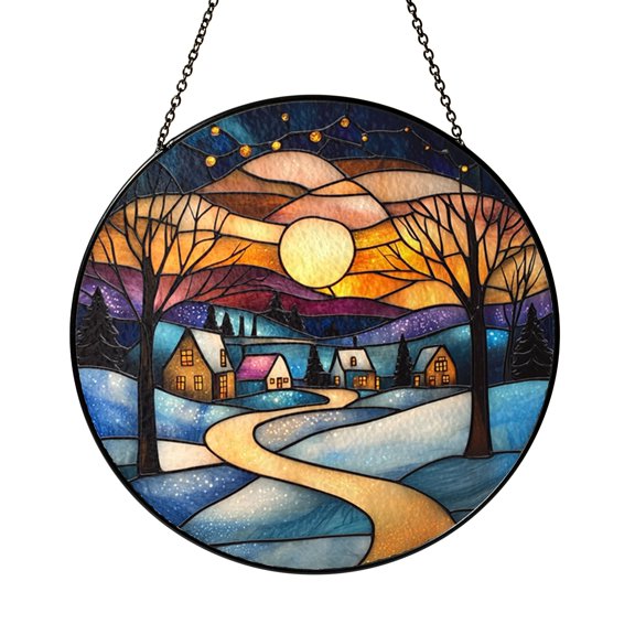 Stained Glass Sunset Forest Path Suncatcher Window Hanging, Peaceful Winter Landscape Home Window Decor