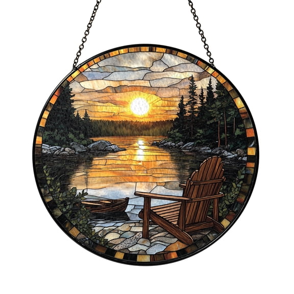 Stained Glass Sunset Lake Dock Suncatcher Window Hanging, Warm Nature Window Decor