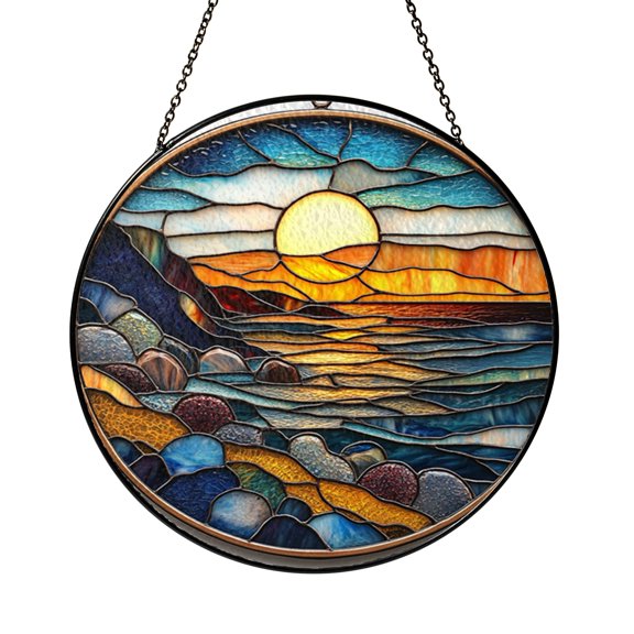 Stained Glass Sunset Over Water Suncatcher, Coastal Bay Landscape Window Hanging Decor, Tranquil Ocean Scene Sun Catcher for Home Window