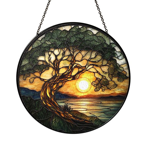 Stained Glass Sunset Tree Window Decor, Vibrant Landscape Art Hanging for Calm Nature Inspired Living Spaces