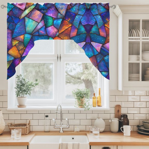 Stained Glass Swag Valance for Windows, Abstract Minimalist Blue Purple Glass Sheets Texture Swag Curtains Valances for Small Window Treatment Rod Pocket for Kitchen Bathroom 1 Panel 56x36in