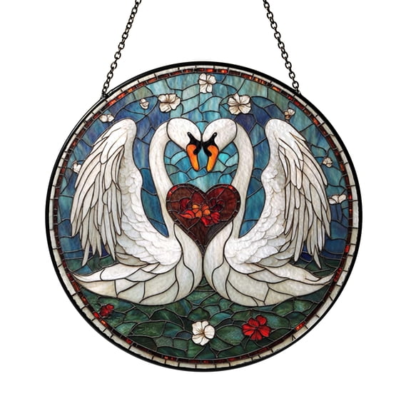 Stained Glass Swan Couple Window Hanging Graceful Romantic Scene Decor Nature Inspired Accent