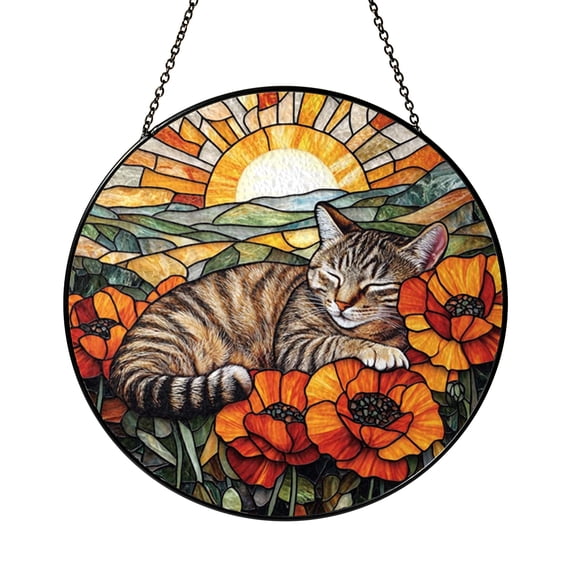Stained Glass Tabby Cat Window Hanging, Poppy Flower Meadow Scene, Warm Nature Decor