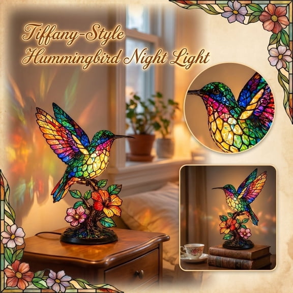 Stained Glass Table Lamp, Intricate Stained Glass Hummingbird Floral Design, Decorative Night Light for Bedroom Decor Living Room Lighting, Ideal Gift for Bird Watchers Gift for