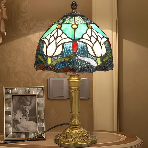 Stained Glass Table Lamp,Tiffany Style Table Lamp-8inch,Decor Vintage Handcrafted Design for Living Room Bedroom, Unique Gift for Home Decor Lovers (DLF)