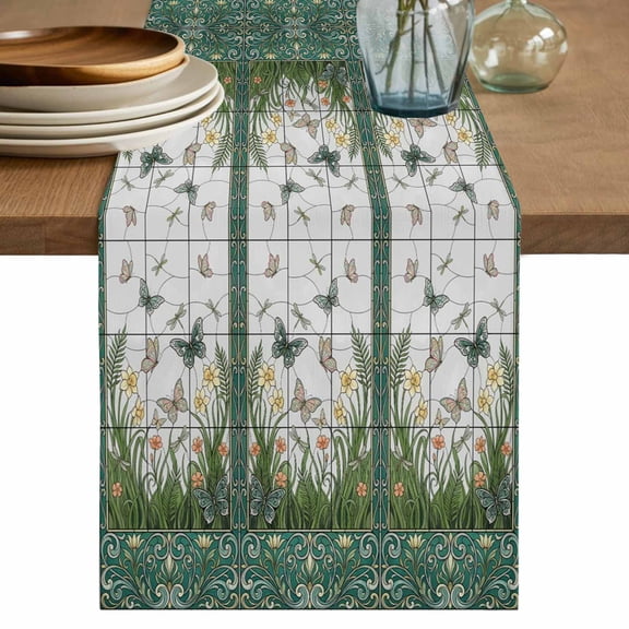 Stained Glass Table Runner 36 Inches, Butterfly Flowers Spring Watercolor Plant Bed Runner Dresser Scarves Tabletop for Indoor Outdoor Parties/Ceremony/Banquet, 13"x 36"
