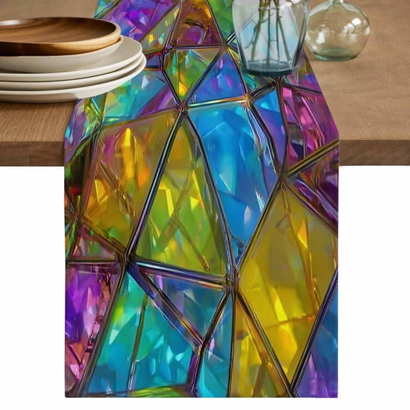 Stained Glass Table Runner 36 Inches, Vintage Abstarct Geometric Pattern Art Bed Runner Dresser Scarves Tabletop for Indoor Outdoor Parties/Ceremony/Banquet, 13"x 36"