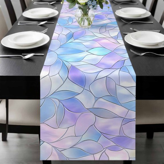 Stained Glass Table Runner 48 Inches Long, Blue Purple Floral Geometric Kitchen Coffee Dining Table Decoration for Home Party Birthday Wedding Home Decor 13x48 Inches