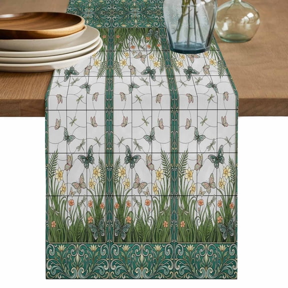 Stained Glass Table Runner, Butterfly Flowers Spring Watercolor Plant Washable Cotton Linen Table Runners 36 Inches Long, Dresser Scarf Runner for Nightstand/End Tables/Round Tables 13''x36''