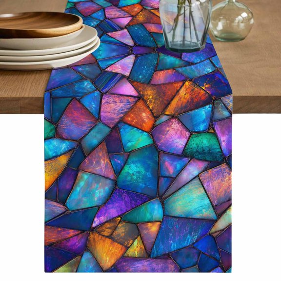 Stained Glass Table Runner, Colorful Rainbow Abstract Geometric Washable Cotton Linen Table Runners 36 Inches Long, Dresser Scarf Runner for Nightstand/End Tables/Round Tables 13''x36''