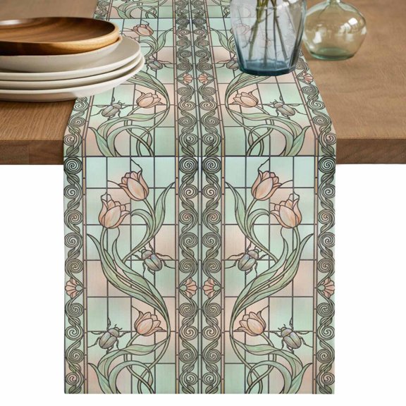Stained Glass Table Runner, Vintage Colorful Flower Animal Textured Washable Cotton Linen Table Runners 48 Inches Long, Dresser Scarf Runner for Nightstand/Coffee/End Tables 13''x48''