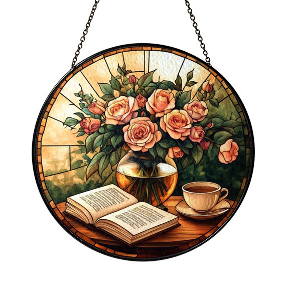 Stained Glass Tea Cup and Books Window Decor, Whimsical Reading Theme Suncatcher for Cozy Homes