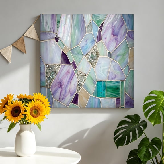 Stained Glass Texture Canvas Wall Art, Modern Abstract Purple Green Glass Glow Framed Canvas Wall Decor Picture Print Artwork Decorations for Living Room Office Ready to Hang 8" x 8"