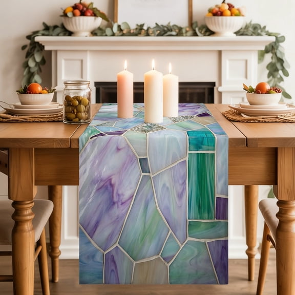 Stained Glass Texture Dining Table Runner, Modern Abstract Purple Green Glass Glow Washable Table Runners Kitchen Coffee Table Center Decor for Home Party Holiday Wedding 13 x 36 Inches