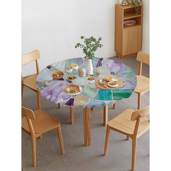 Stained Glass Texture Round Fitted Tablecloth with Elastic Edge, Modern Abstract Purple Green Glass Glow Waterproof Stretch Table Covers for 55"-60" Tables Wipeable Table Cloth for Outdoor