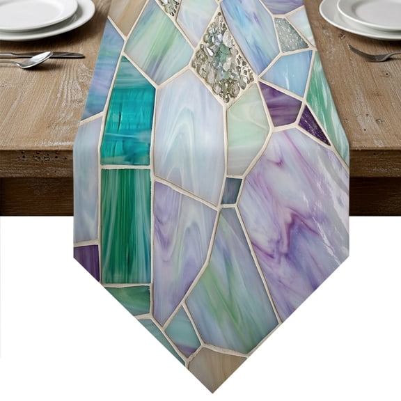 Stained Glass Texture Table Runner Linen Burlap Table Runner 36 Inches Small Modern Abstract Purple Green Glass Glow Dresser Scarves for Kitchen Island Coffee Dining Room Party Holiday Decor 13"x36"