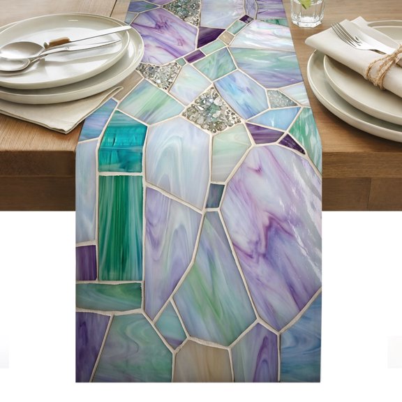 Stained Glass Texture Table Runner Modern Abstract Purple Green Glass Glow Tablerunners 13 x 36 Inch, Table Decorations Tabletop Scarf for Summer Gathering Holiday Farmhouse Kitchen Dining Decor
