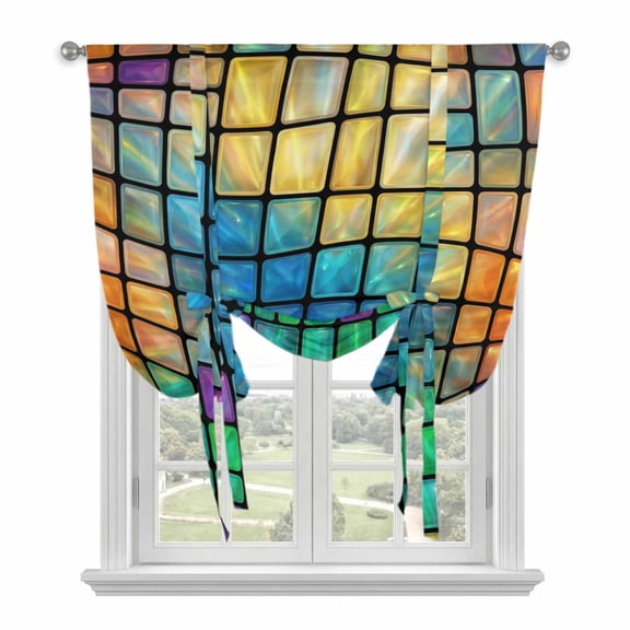 Stained Glass Tie Up Curtains for Window, Thermal Insulated Balloon Shade Adjustable Rod Pocket Curtains Valance Panels for Kitchen Bathroom Cafe 46 x 63 Abstract Colorful Plaid Geometric Modern