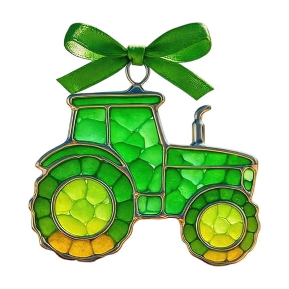 Stained Glass Tractor Ornament, St. Patrick's Day Green Farm Vehicle Hanging Decoration, 2D Acrylic Pendant with Ribbon for Tree, Wall Decor, Party Favors Gift