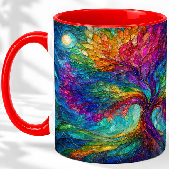 Stained Glass Tree Accent Mug, 11oz Ceramic Coffee Cup for Nature Fans