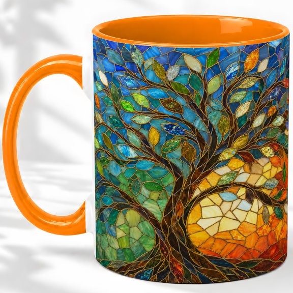 Stained Glass Tree Accent Mug, 11oz Ceramic Coffee Cup for Nature Fans