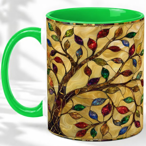 Stained Glass Tree Accent Mug, 11oz Ceramic Coffee Cup for Nature Fans